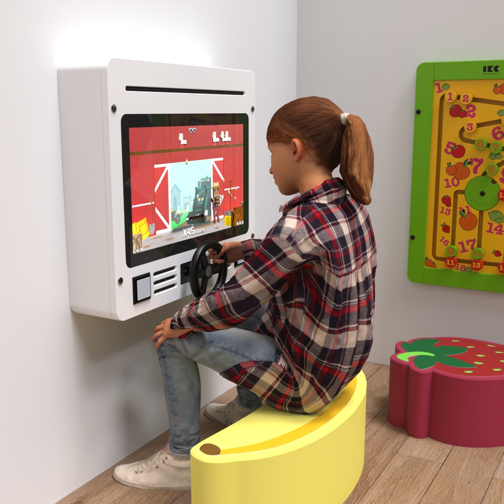 sistema di gioco interattivo con un volante e vari giochi educativi giochi da parete e cuscini di seduta soft play
